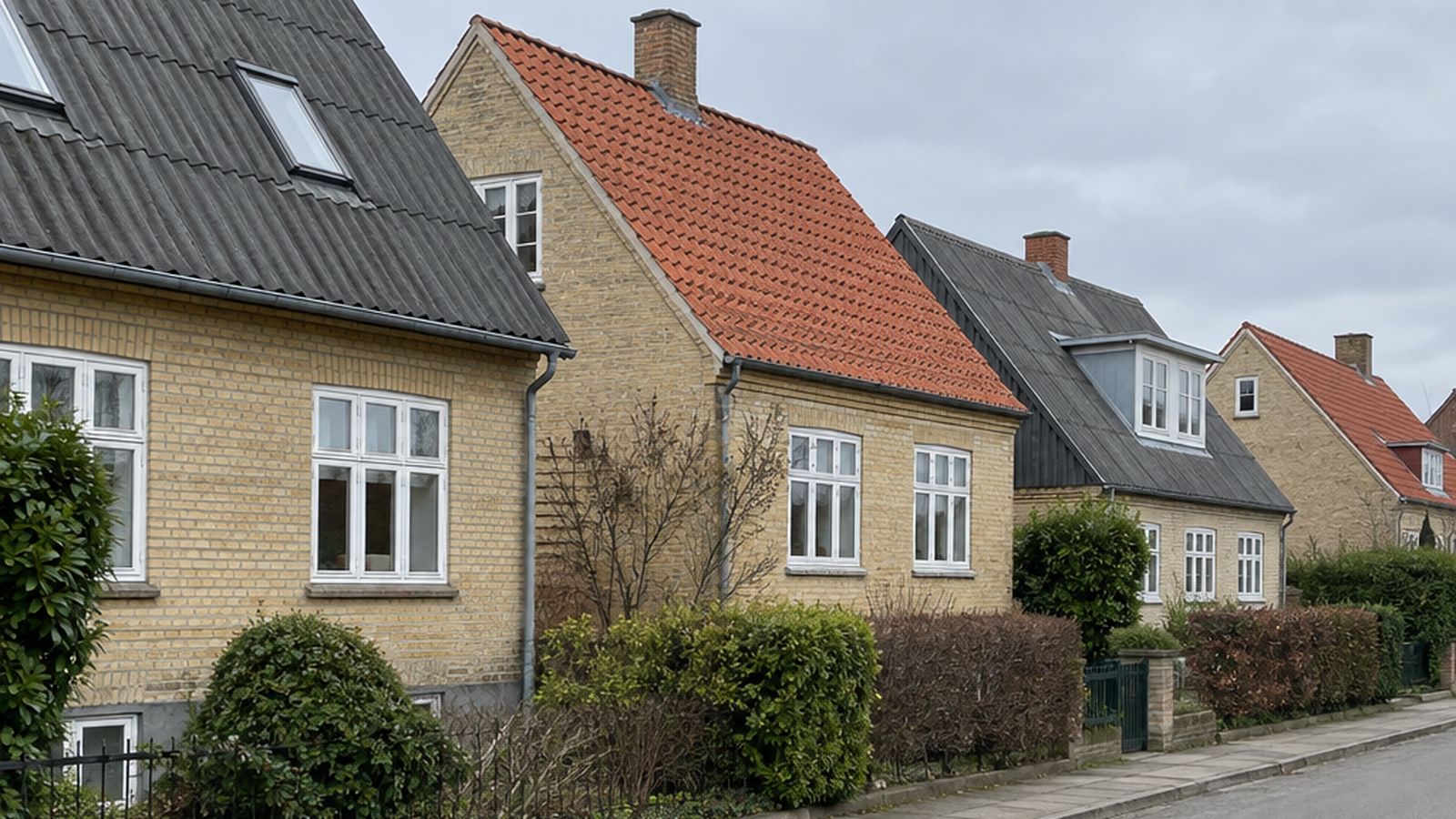 Dansk villas taglinje med gråt fibre cement-tag i blødt nordisk dagslys